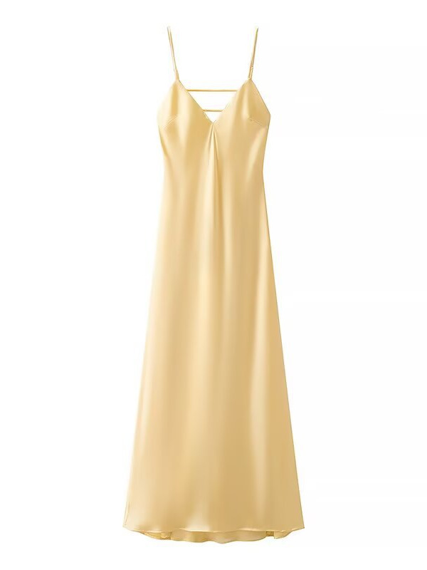 ZA Cross-border European and American-style New Spring Golden Holiday Party Dress Silk Satin Texture Midi Sling dress