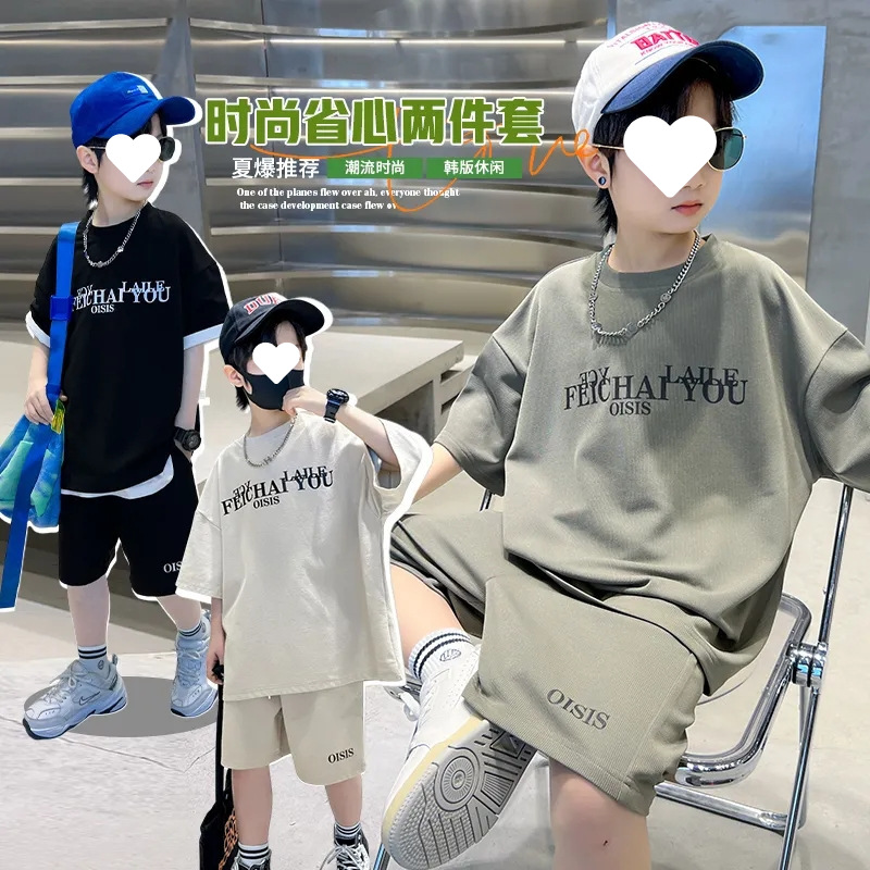 Boys Sports Suit 2025 Summer New Handsome Boy Round Neck Thin T-Shirt Five-Quarter Pants Loose Two-Piece Set