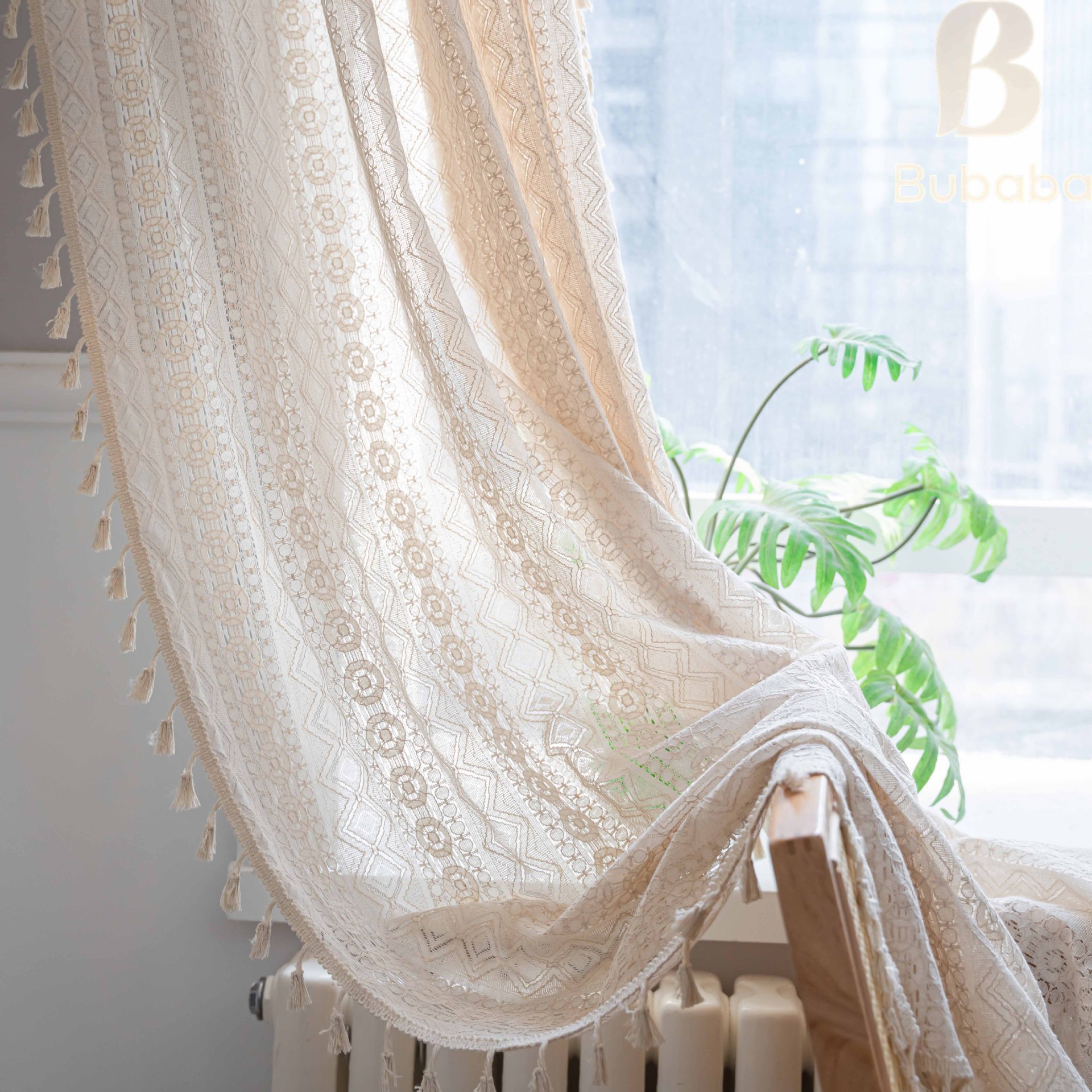 Cloth Daddy American Retro Bohemian Hollow Light Transparent Tassel Curtain Bedroom Living Room Bay Window Finished Small Curtain