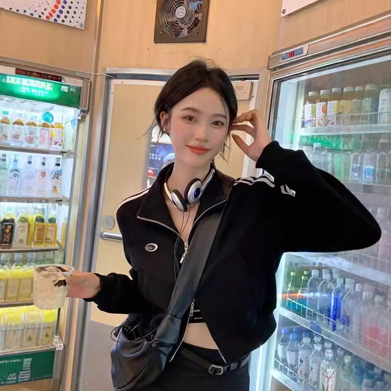 Zipper Sweater American Gray Cardigan Short Sports Jacket Women's Spring and Autumn Thin Small Profile Jacket Top