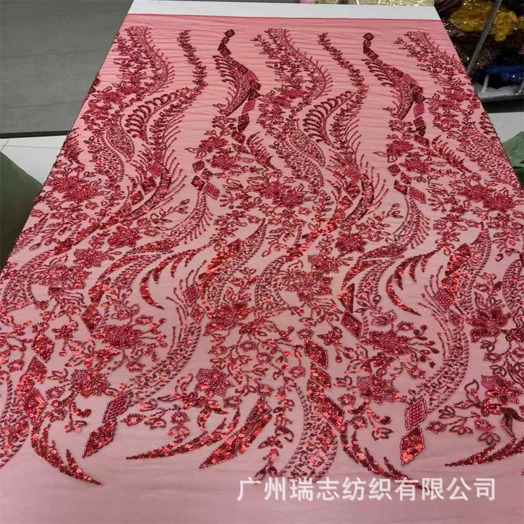 Picture of Purple heavy industry sequined embroidered plant pattern three-dimensional lace dress wedding dress cheongsam fabric lace
