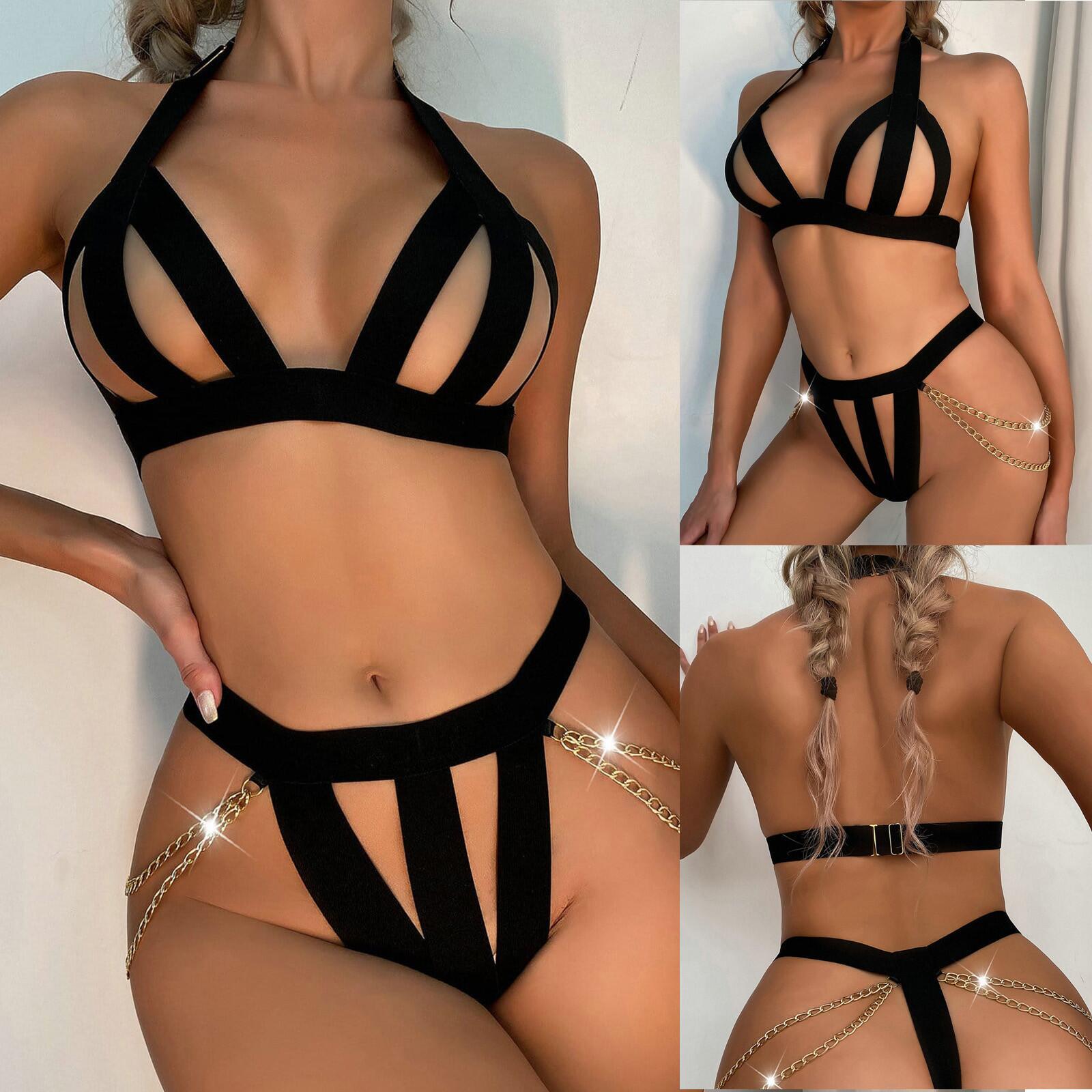 Foreign trade European and American sexy lingerie New hollow ribbon three-point pajamas sexy sexy pajamas wholesale delivery