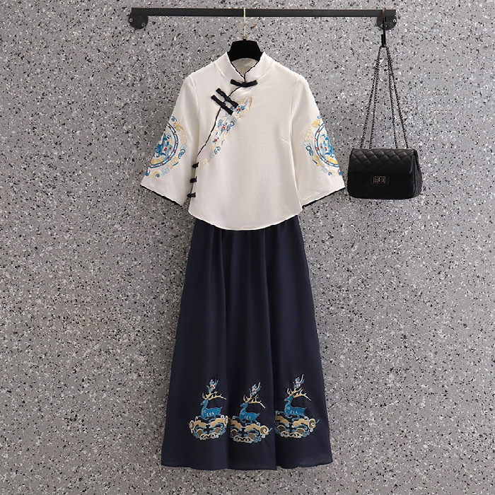 Picture of Chinese Style National Style Hanfu Modified Zen Tea Clothing Top Vintage Embroidered Deer Yao Buckle Top suit Summer Skirt