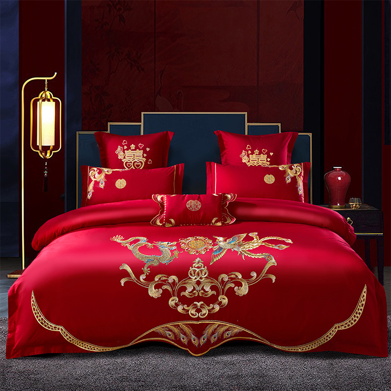 Picture of Wedding Four-Piece Set Embroidered Wedding Pure Cotton Bright Red Wedding Room Embroidered Bedding Quilt Bedding