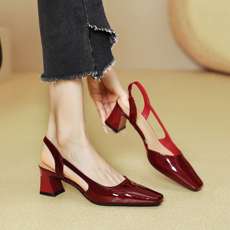 French Style One-Line Toe Sandals for Women Summer 2025 New Square Toe Back Empty Shoes Red Thick Heel High Heels