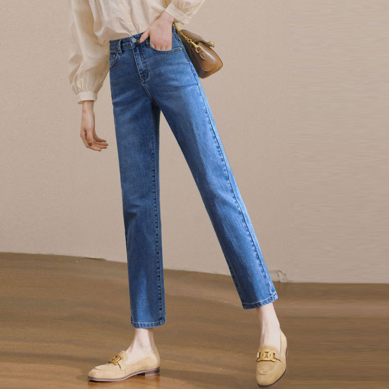 Korean Style Small Straight-Leg Jeans Women's Summer Outer Wear Retro High Waist Elastic Slim Pants Casual Smoke Pants