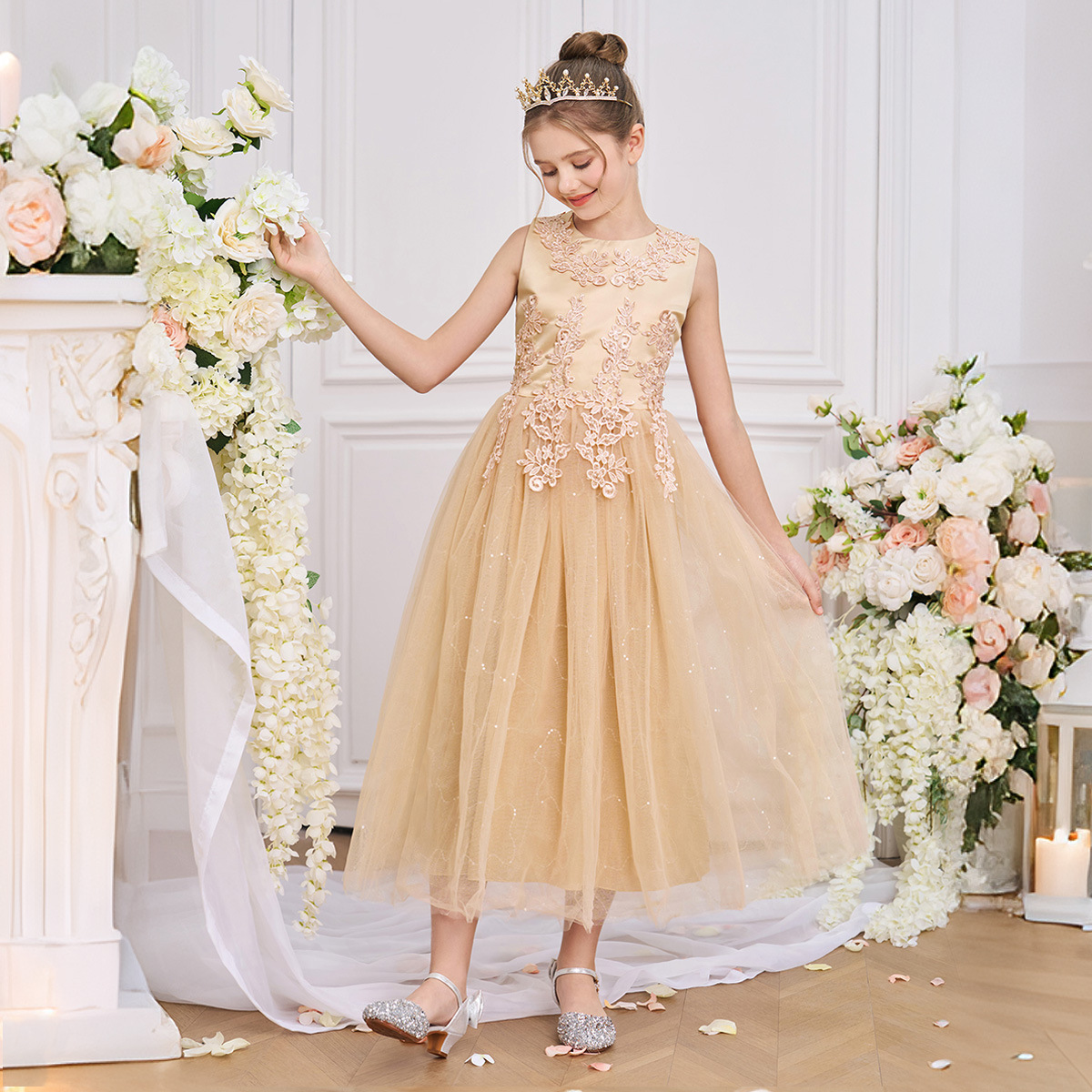Children's Long Wedding Dress, Fluffy Mesh Princess Dress, 3-15 Years Old, Middle and Large Kidsren's Catwalk Party Performance Costume