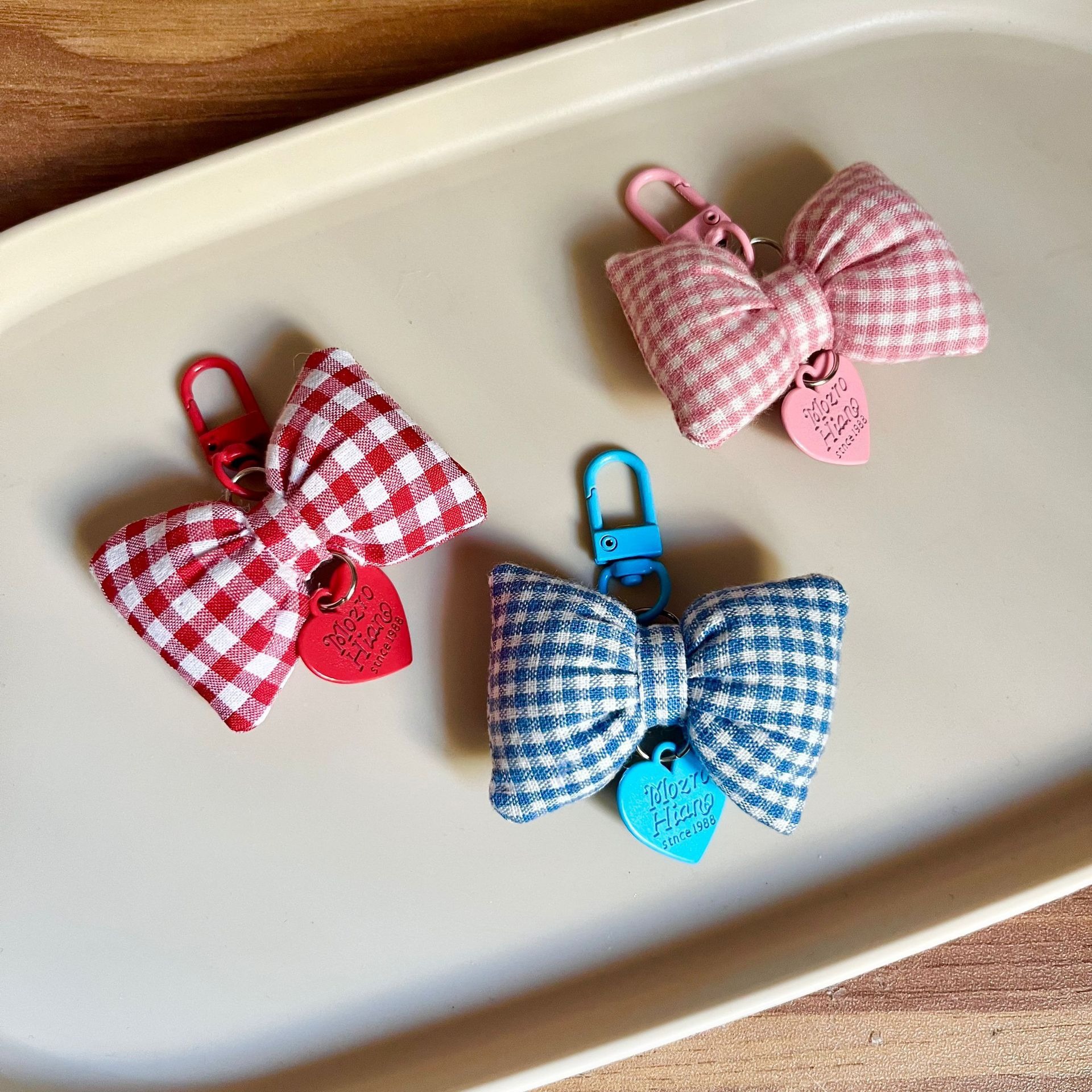 Korean Style Ins Style Cotton Bow Pendant Cute Girl's Heart Bag Accessories Plaid Keychain Car Hanging
