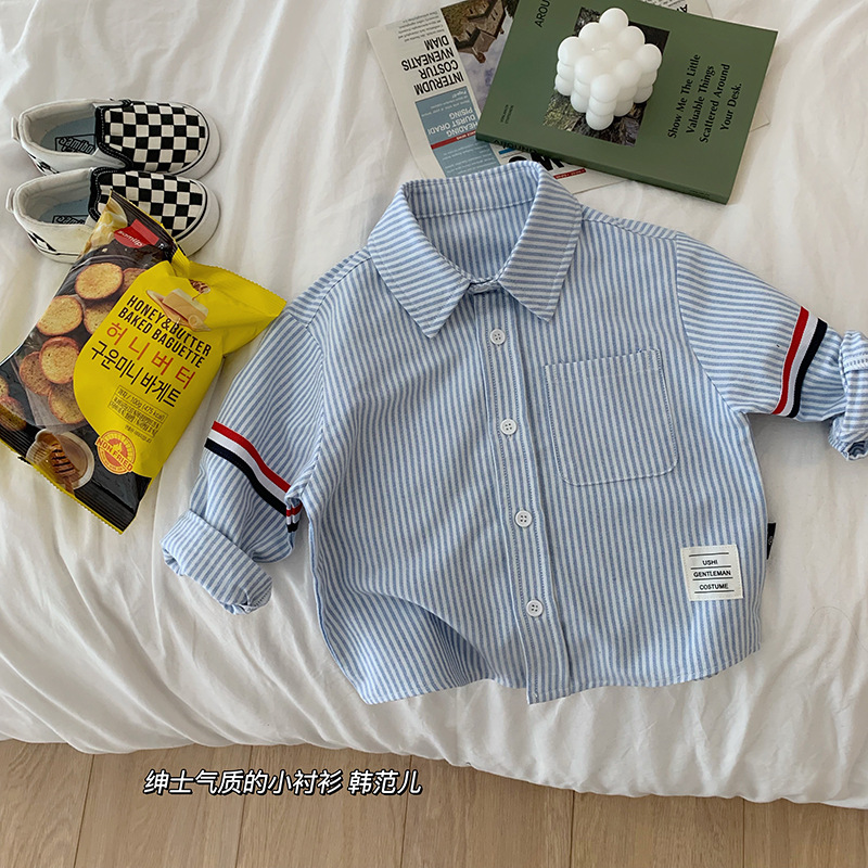 Picture of Tong Chenchen Mom Men's Children's Clothing Western Style Hong Kong Style Temperament Children's Shirt College Style Long Sleeve Shirt Top Striped Tide TB