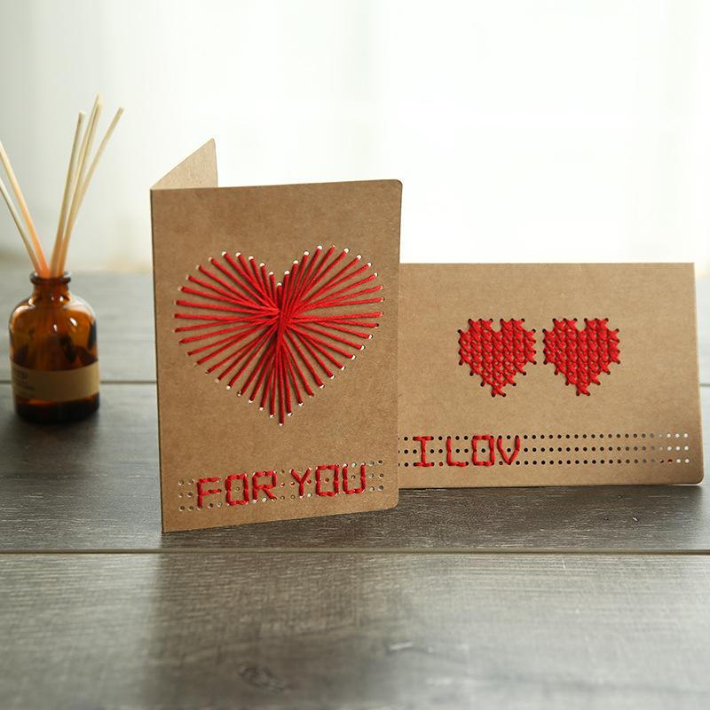 Picture of Cross-Border Cowhide Creative DIY Cross-Stitch Heart Valentine's Day Paper Carving with Envelope Greeting Card Goddess' Day Teacher Card