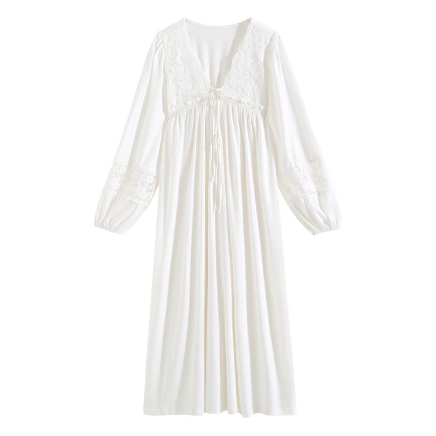 Women's long-sleeved nightdress spring cotton court style French lace princess temperament long pajamas can be worn outside home wear autumn and winter