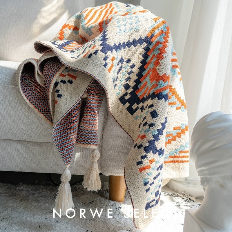 Picture of Bohemian sofa blanket ethnic style blanket Nordic shawl air conditioning blanket B & B knitted tassel bed blanket