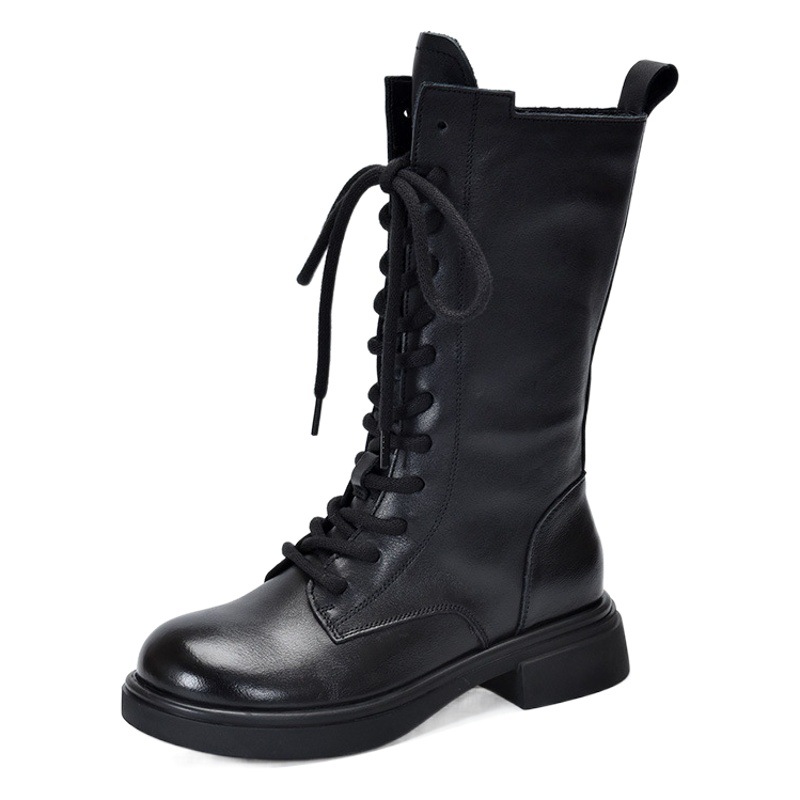 First-Layer Cowhide Mid-Calf Boots for Women 2025 Autumn and Winter New Style Fleece-Lined Cotton Boots Mid-Heeled British Boots Genuine Leather High Boots