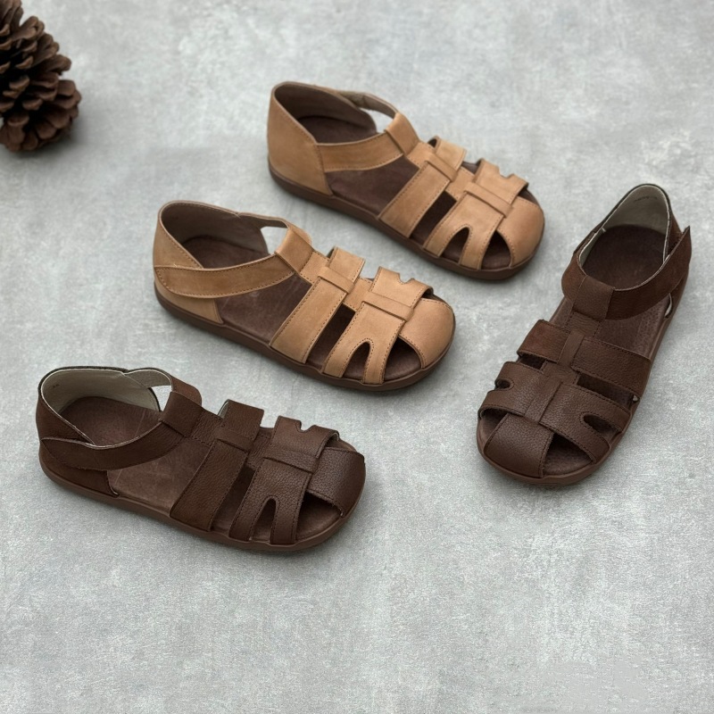 2025 New Summer Genuine Leather Sandals, Retro Literary Baotou Fishbone T-Shaped Woven Outer Cowhide Women's Sandals