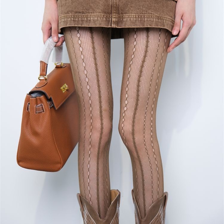 "Barbaric Growth" brown Vintage Hollow-out Lace Fishnet Stockings Vertical Jacquard Pantyhose