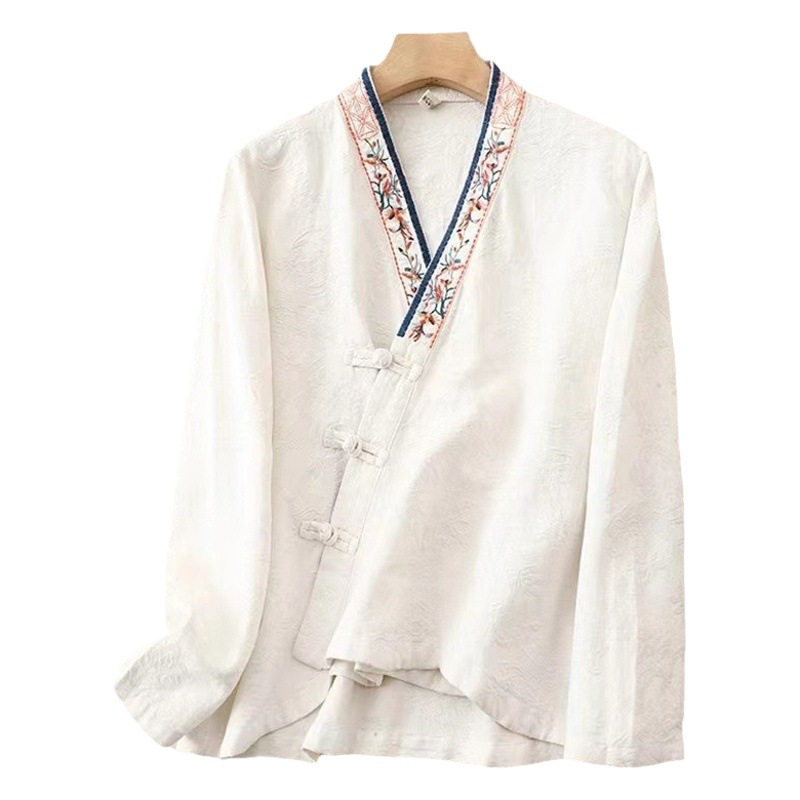 Women's Chinese Style Vintage Placket Embroidered Buckle Spring and Autumn Cotton and Linen Long-sleeved Shirt Hanfu Loose Art Style Top