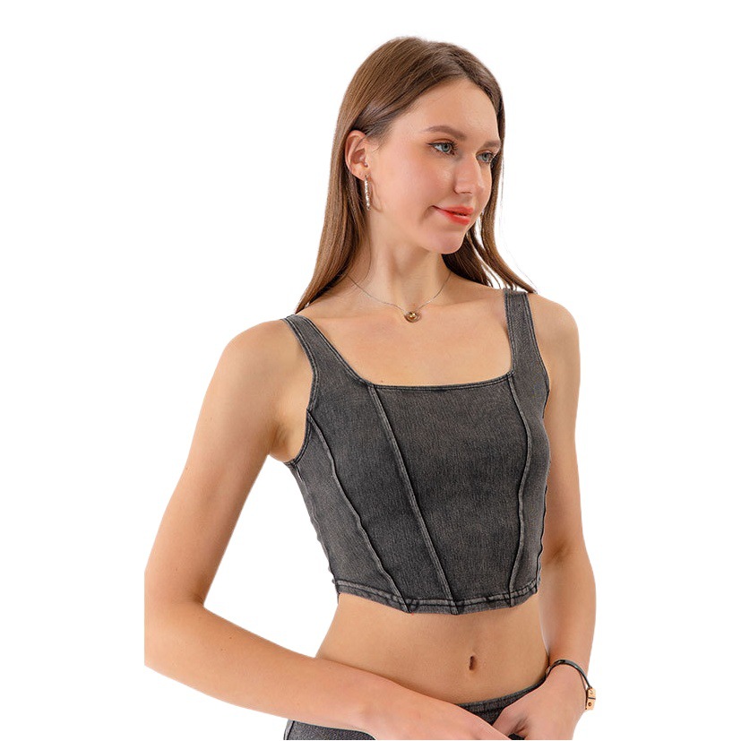 European and American new Denim yoga sports vest women's U-shaped elastic Slimming Beauty back outer wear quick-drying fitness top