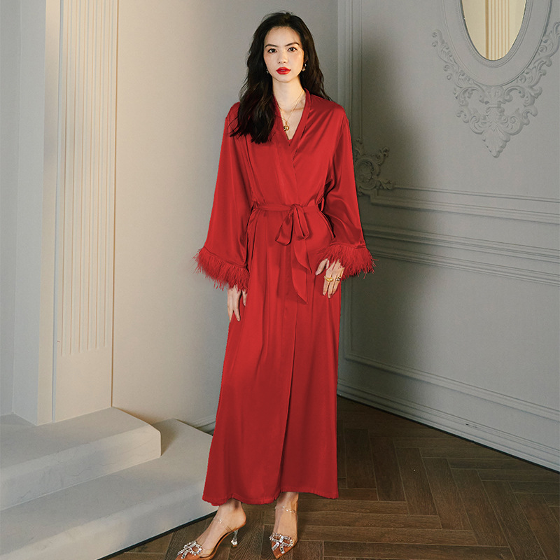 Yaoting Ice Silk Pajamas Women's Summer Long Sleeve Morning Gown Satin Chiffon Autumn Home Gown with Feather Nightgown WP2658