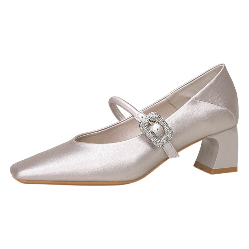 H759-6 Silver Mary Jane High Heels Small Fragrant Satin Square Toe Thick Heel Women's Shoes Rhinestone Spring and Summer