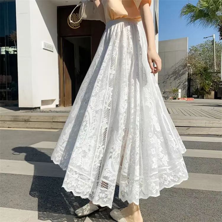Wholesale Water Soluble Lace Skirt Women's 2025 New High Waist Draped Gauze Skirt Slimming Large Swing Skirt A- line Long Skirt