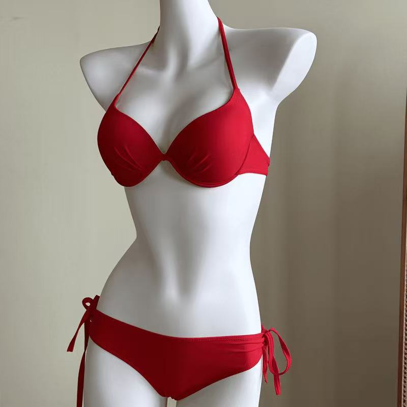 Gather Small Chest Steel Bracket Chest Pad Sexy Bikini Spice Girls Solid Color Vacation Slimming Backless Hot Spring Swimsuit Women