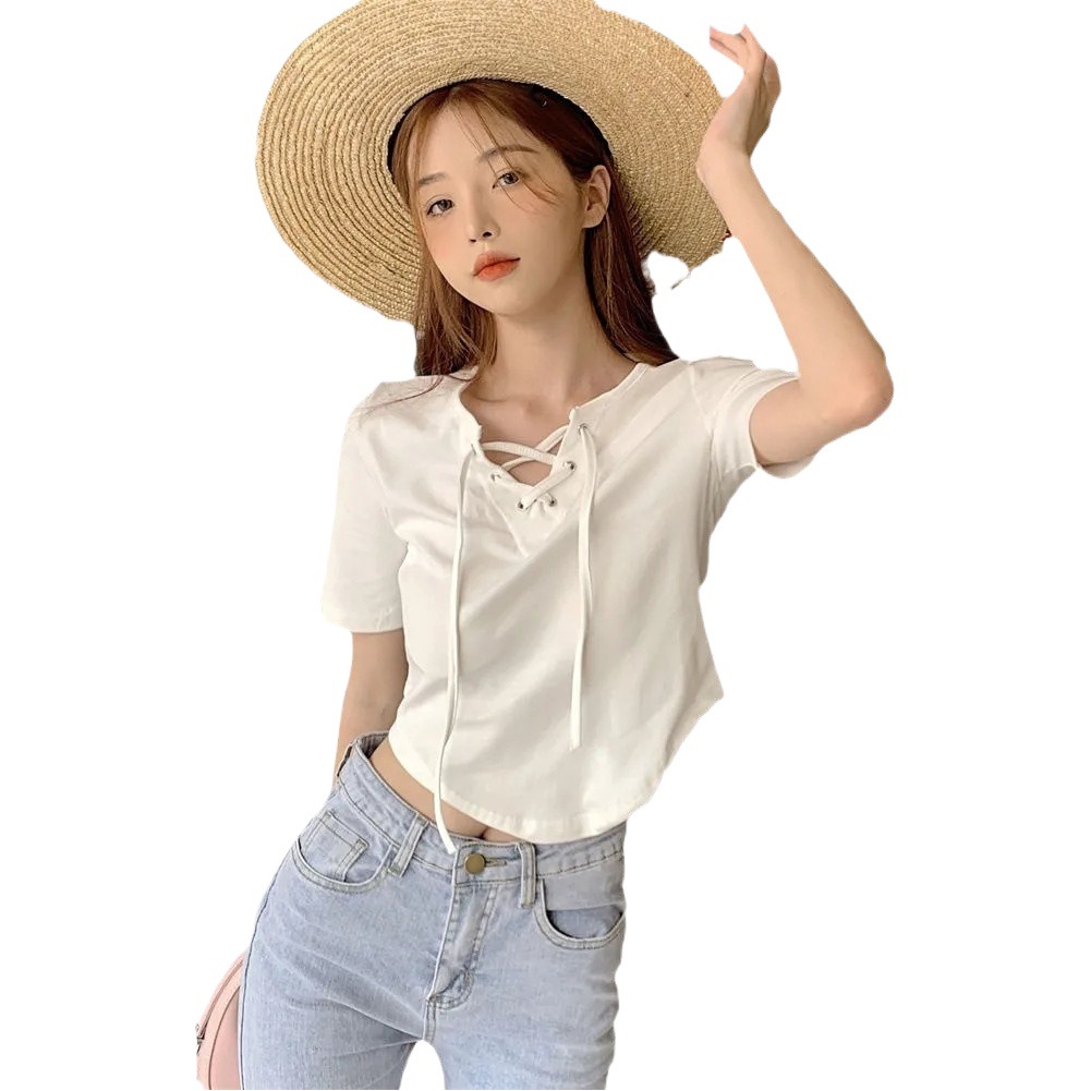 Short-sleeved T-shirt Women's 2024 New Summer Niche Chic Design Sense Cross Strap Short Base Shirt Top Trendy