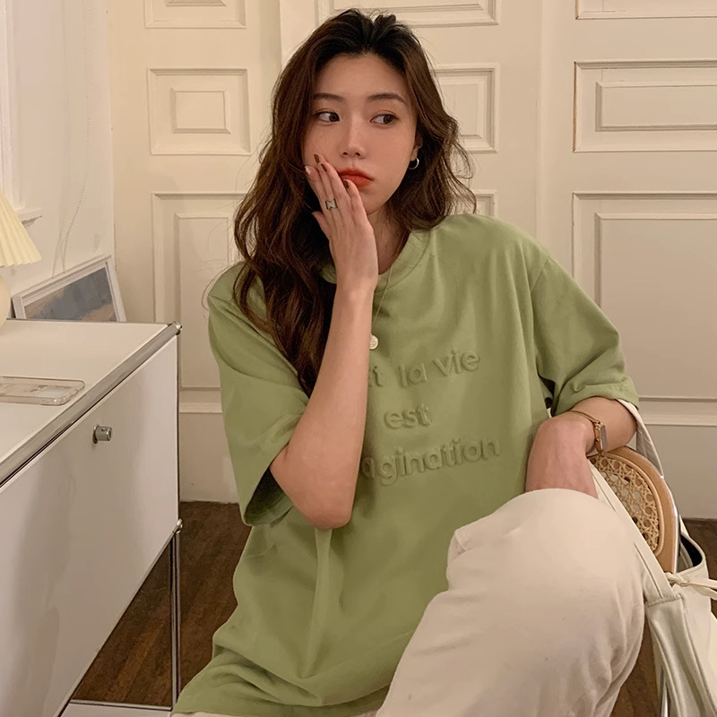 Summer 2023 New Loose Slimming 3D Bump Printed Short-sleeved T-shirt Korean Style Top Women's Ins Trendy T-shirt