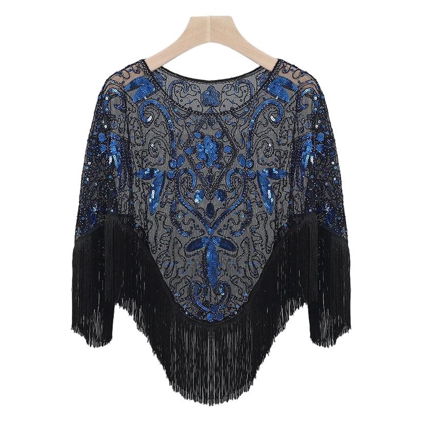 Prom Sequins Tassel Outer Pullover Cape Mesh Ware Dance Performance Dress Shawl Dress Sequins Overalls