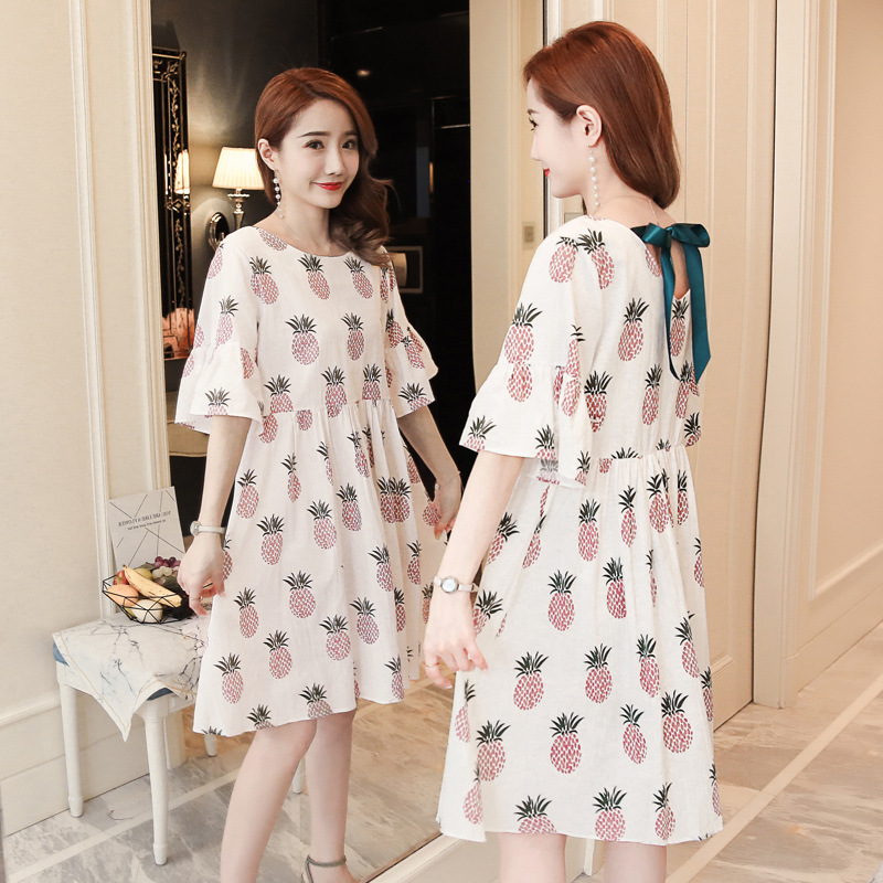Picture of Pregnant Women's Summer Top New Mid-length Cartoon Dress Fashion Bow Loose Large Size Cotton and Linen Skirt
