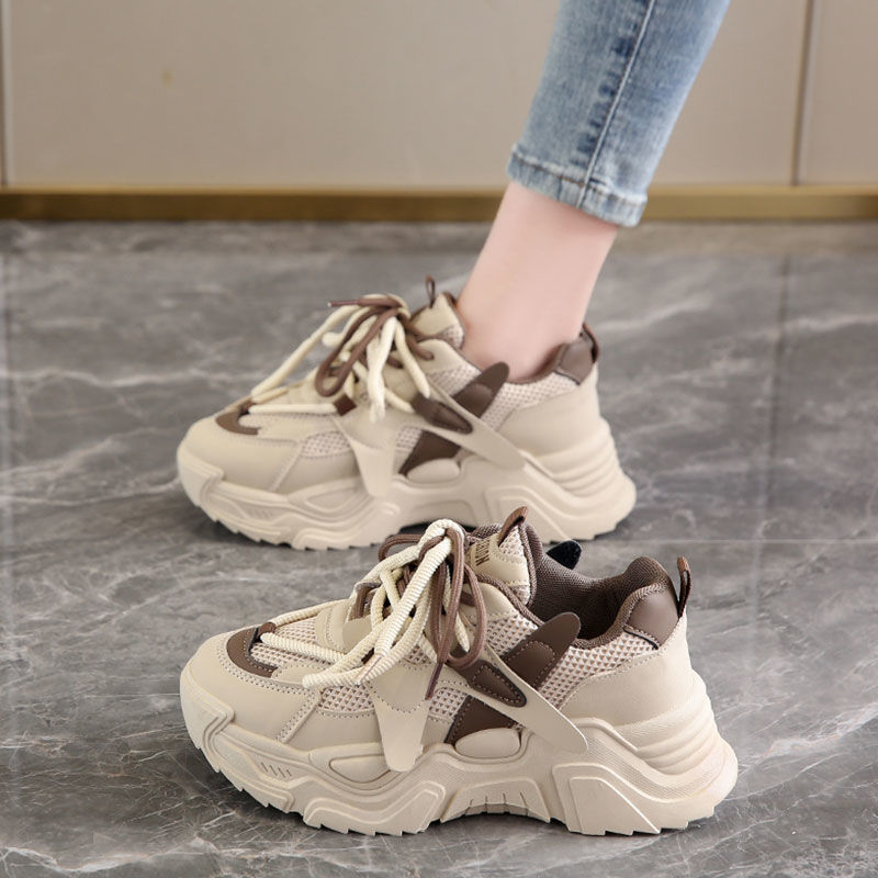 Double mesh breathable torre shoes women 2024 spring new mid heel non-slip soft bottom wide foot thick bottom casual sneaker