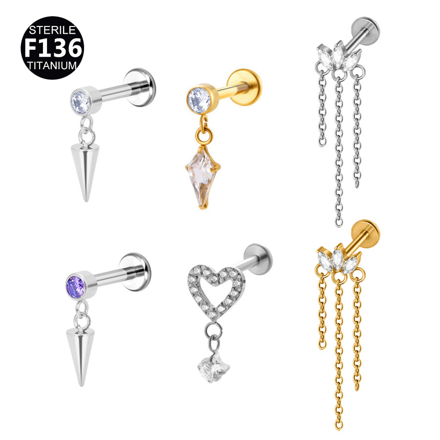 F136 Titanium Alloy 0.9 Teeth Pendant Micro-inlaid Zircon Flat Bottom Rod Internal Thread Earrings Peach Heart Star Piercing Earrings