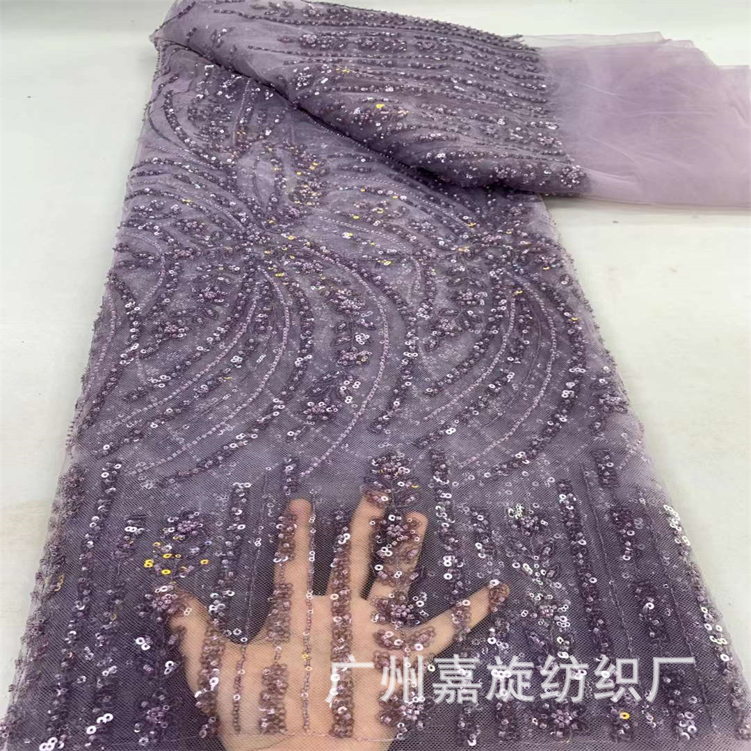 Picture of European and American apricot wheat ears three-dimensional beads sequins lace fabric African bride dress dress embroidered lace