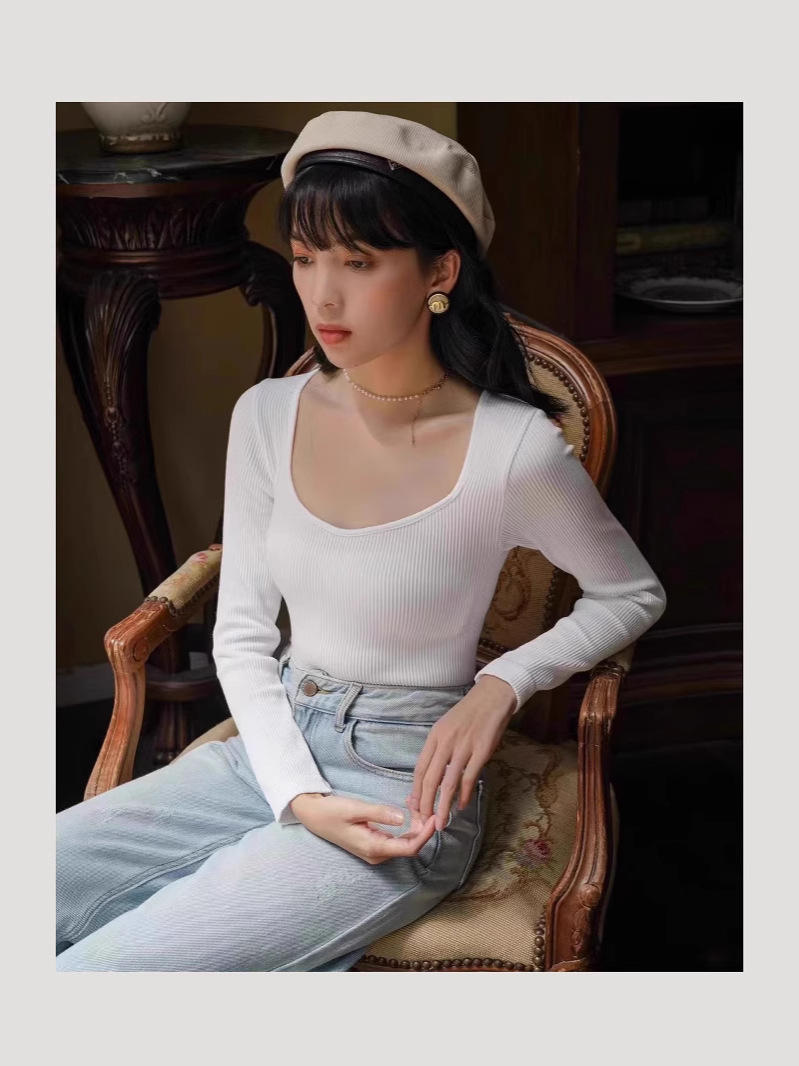 Base Shirt Women's Collar Warm Velvet Fall/Winter Slim Low Neck Solid Color Single Piece Long Sleeve Niche Inner Top 60229