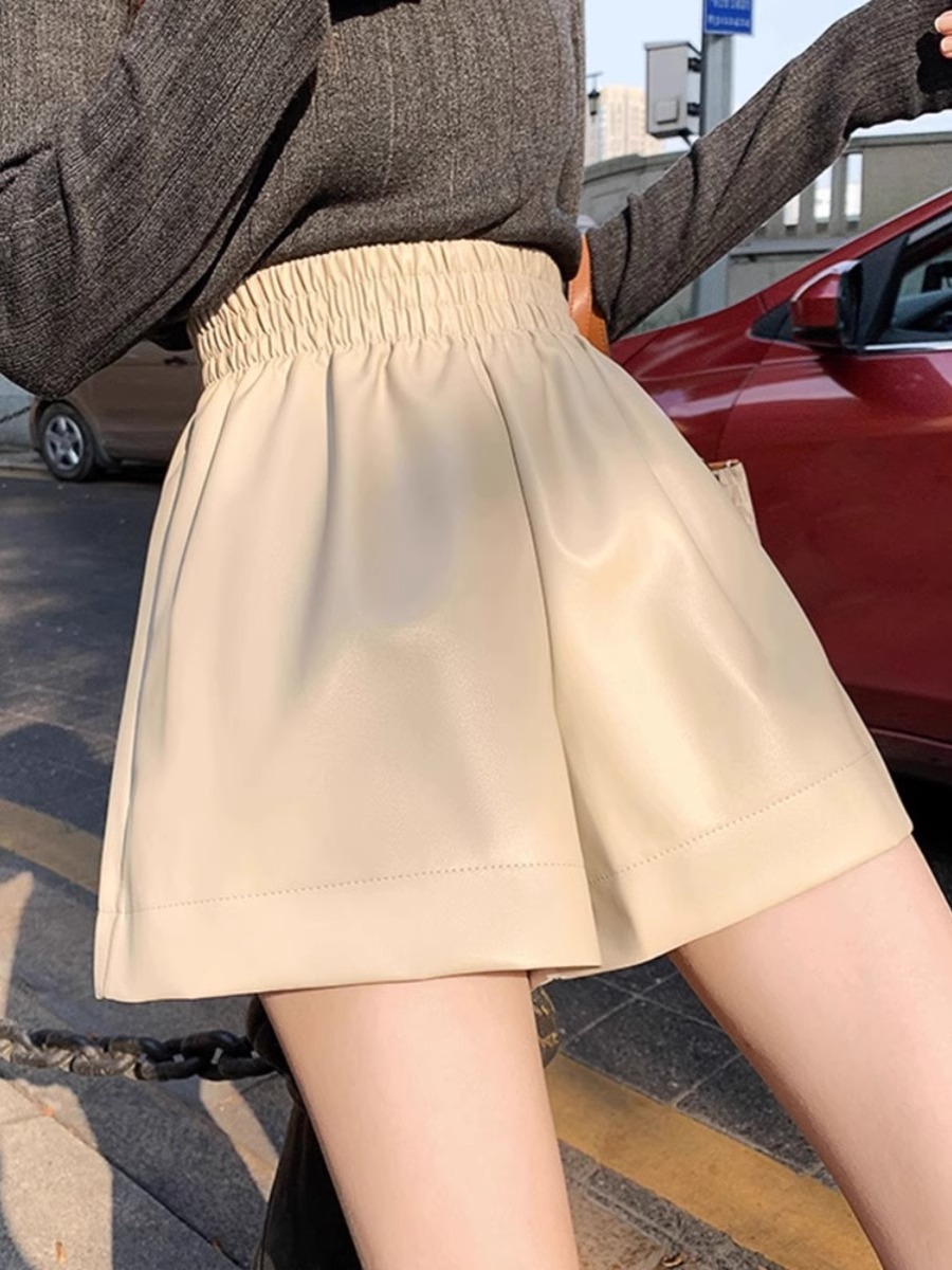 2023 Autumn and Winter New PU Leather Shorts Women's High Waist A- Shaped Korean Casual Loose Boots Fashion Wide Leg Pants