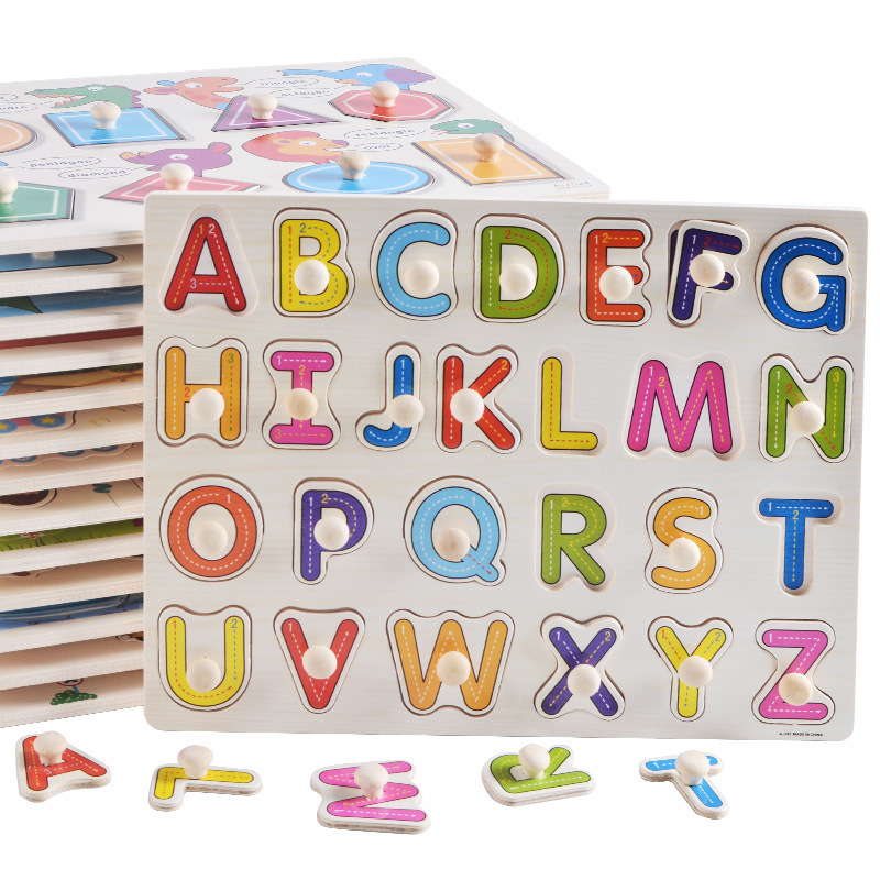 Factory wholesale hand-held board early education educational toys digital letters animal puzzle beneficial intelligence baby wooden toys