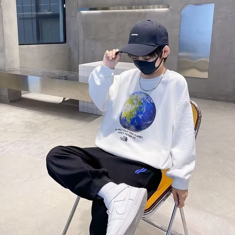 Crewneck Boys' Sweatshirt Handsome Fashionable Korean Style Autumn Mid-Big Kids 2024 New Thin Spring and Autumn Western Style Clothes