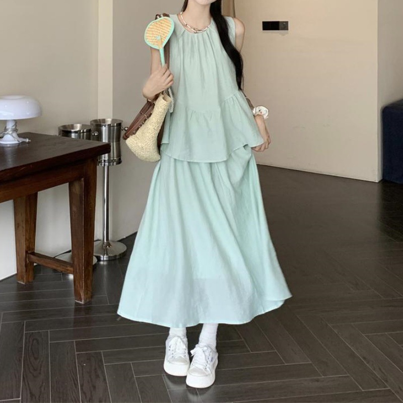 Mint Mambo Green Suit Women's Summer Sweet Sleeveless Vest Top High Waist A-Line Skirt Fashionable Two-Piece Set