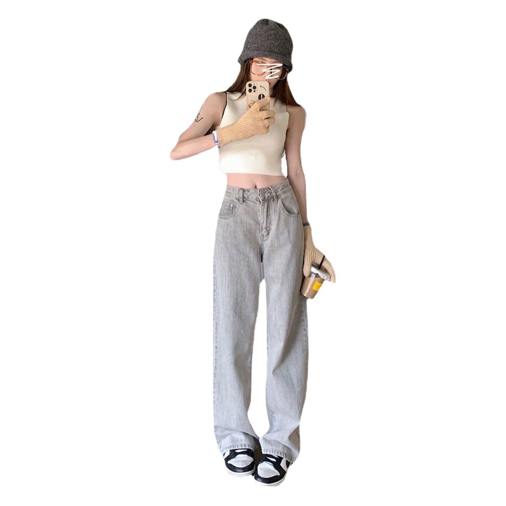 Vintage light gray Straight Jeans Women's Spring Korean Style Ins High Waist Slimming Wide Leg Trendy Long Pants