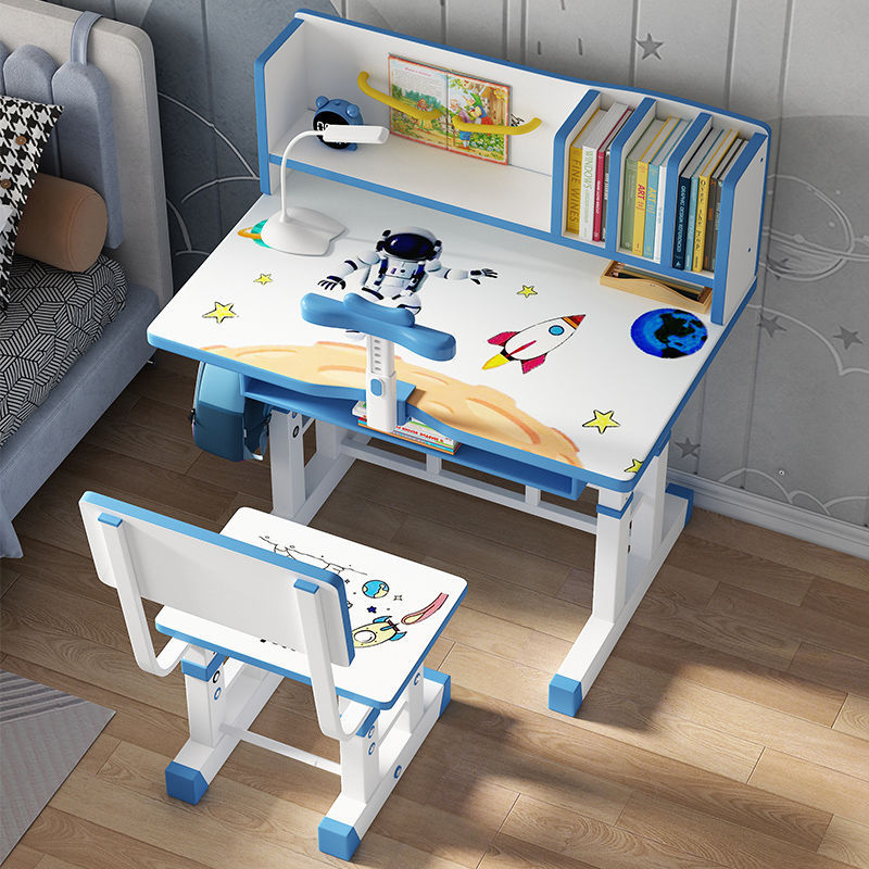 Children's study desk, writing desk, bookshelf combination table, household liftable student homework desk and chair set