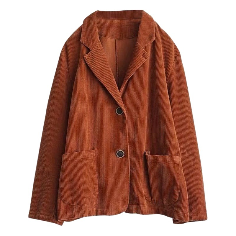 Corduroy suit collar solid color short coat female autumn new long sleeve pocket literary retro casual coat top