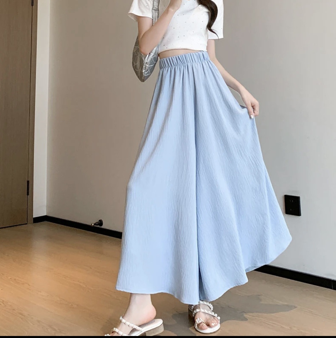 Picture of Ice Silk Culottes for Women Summer 2025 New Style Small High-Waisted Eight-Point Pants Drapedy A-Line Wide-Leg Skirt with Large Hem