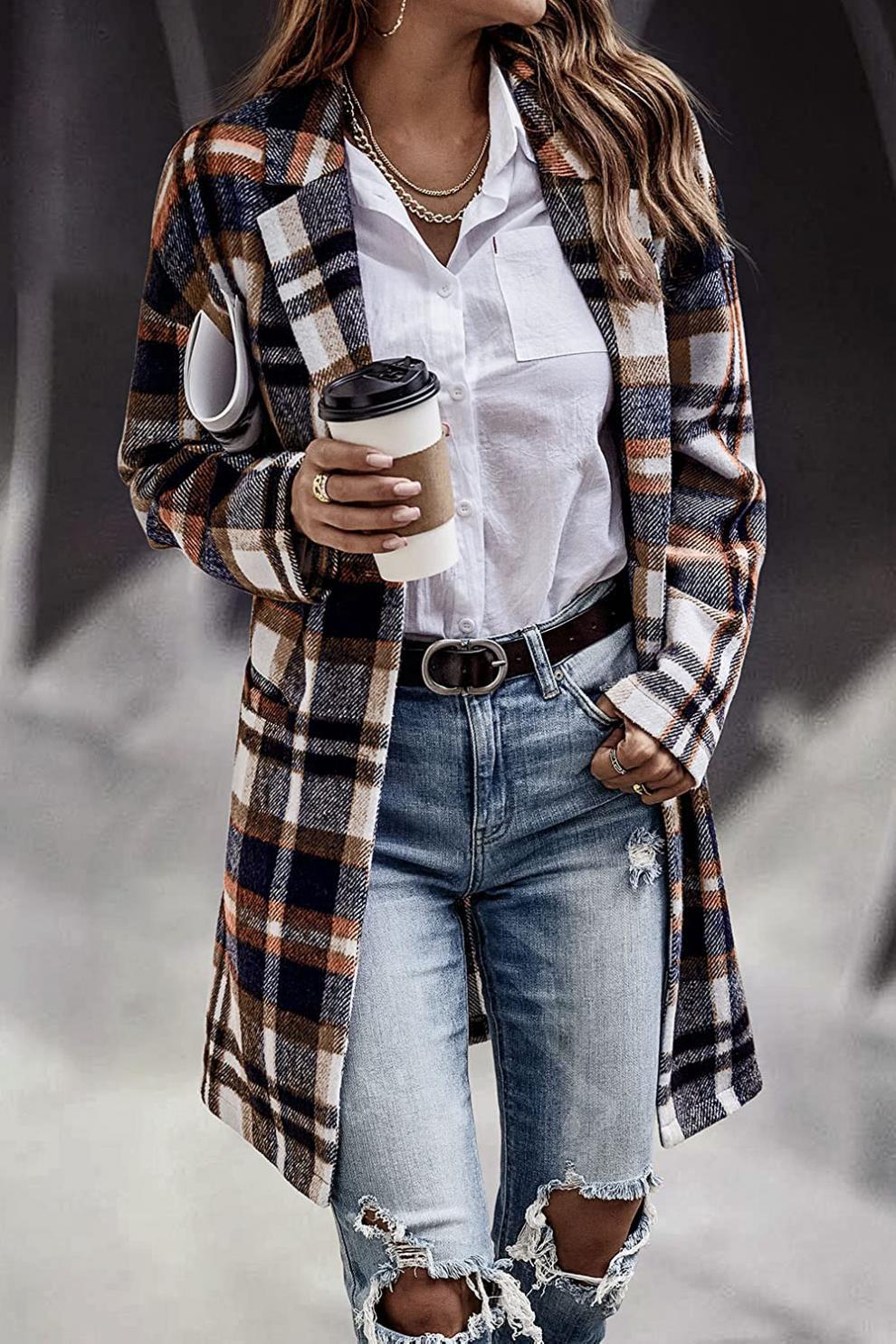 Picture of European station autumn new European and American British style Plaid lapel women's suit casual jacket