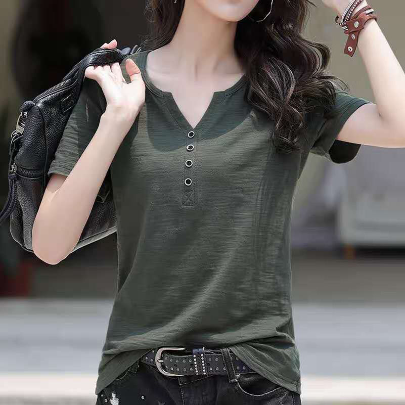 Women's V-neck Slim-fit T-shirt Women's V-neck Slim Summer Dress New Age-reducing Korean Style All-match Casual Base Top Cross-border Wholesale