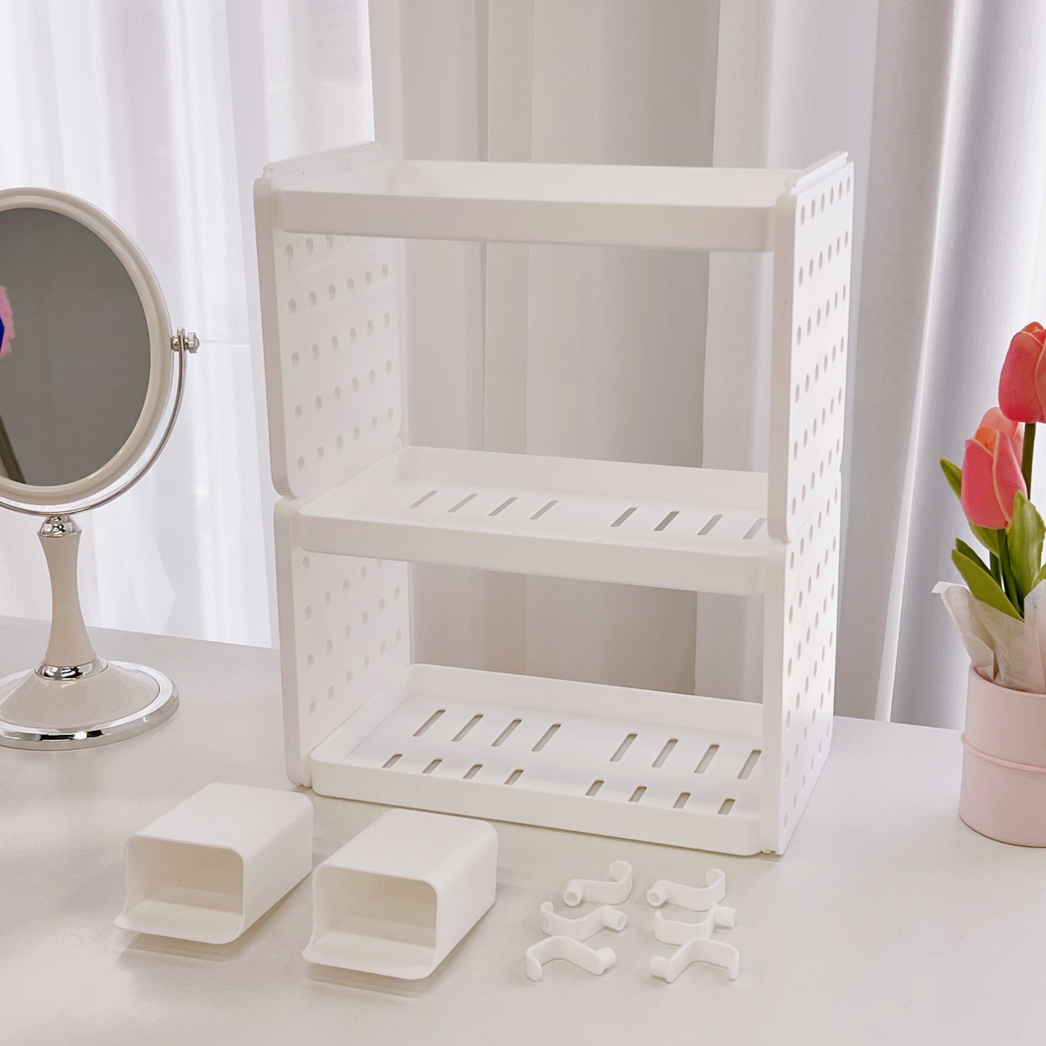 Picture of New Ins Cosmetic Jewelry Double-layer Folding Storage Rack Simple Household Desktop Bathroom Storage Rack Storage Rack
