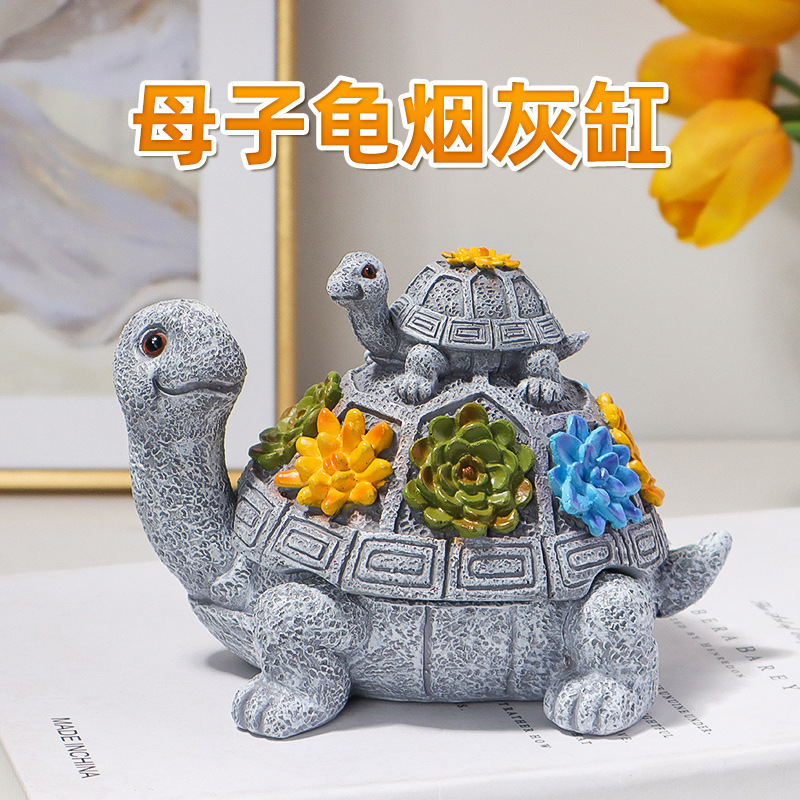 Resin fleshy Mother and son tortoise ashtray creative with lid anti-fly ash smoke-proof ashtray living room coffee table ornaments