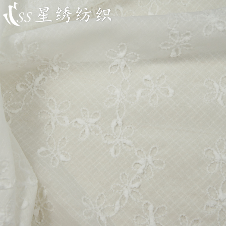 Picture of Hot-Selling Plaid Chiffon Embroidered Fabric with Small Pom-Poms, Five-Petal Flower Embroidery, Skin-Friendly Chiffon Long Dress, Sun Protection Clothing Fabric