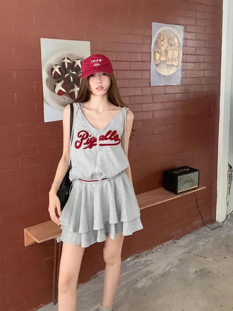 Backless Zipper Hooded Top Sports Sleeveless Vest Women's 2025 Summer Contrast Color Korean High-end Short T-Shirt