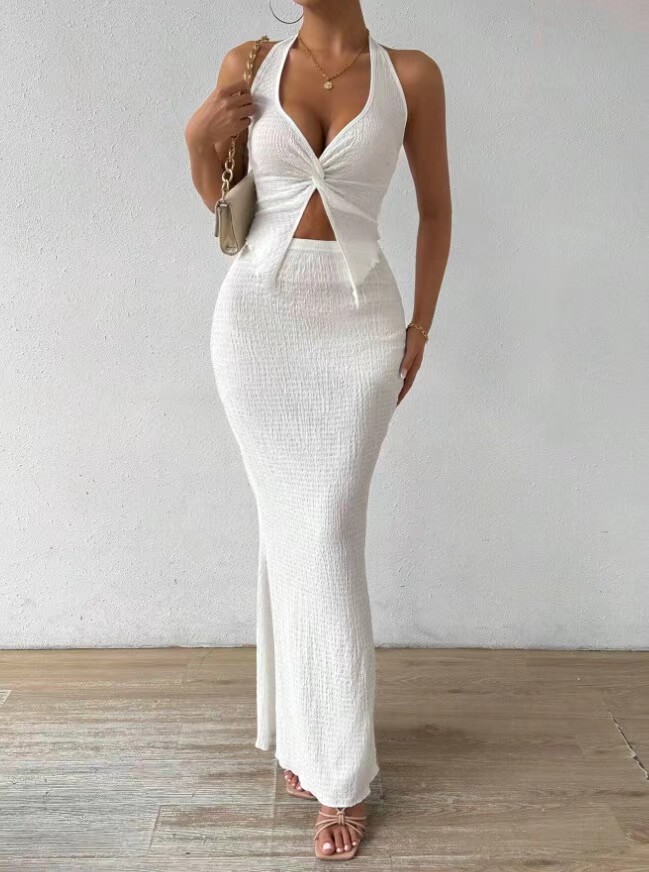 Picture of European and American Cross-border Croissant Women's Summer Solid Color Twist Front Hanging Neck Crop Top and Fishtail Midi Skirt Elegant Double