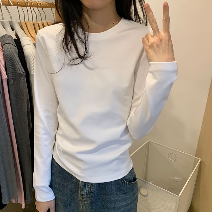 Picture of American Style Shoulder Long-Sleeved T-Shirt Women's Autumn and Winter Women's New U-Neck Slim-Fit Sanding Base Shirt Top for Women