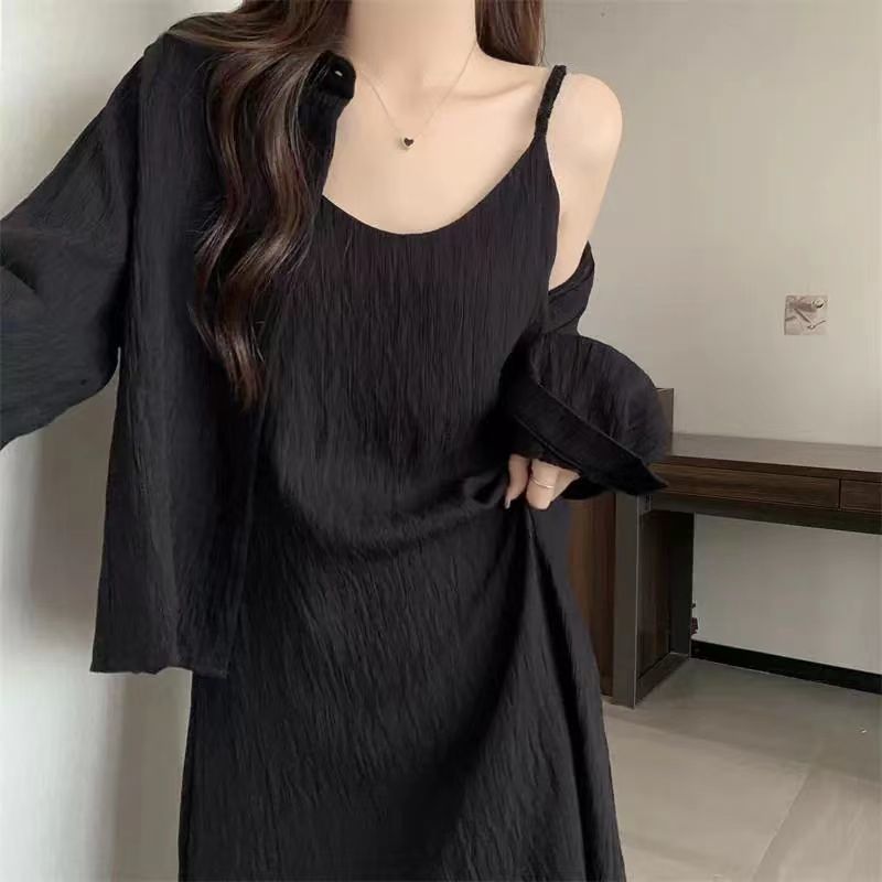 Vintage Strap dress Fashion Elegant Explosions Sexy Solid Color Slim Fit Meat Covering Long Dress Slim Black